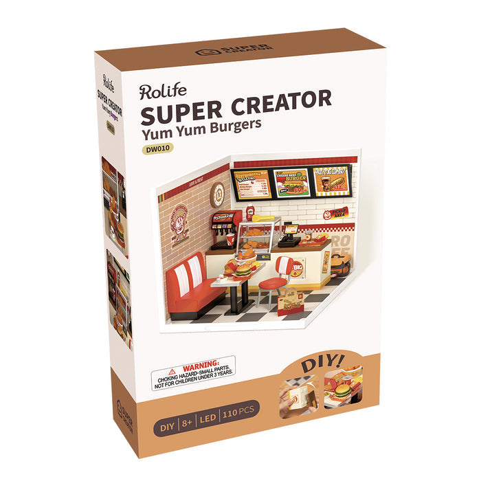 Rolife Yum Yum Burgers DW010 DIY miniature dollhouse kit, lifestyle scene on a wooden desk