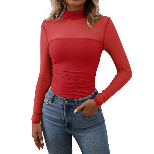 Sheer Half High Neck Long Sleeve Top
