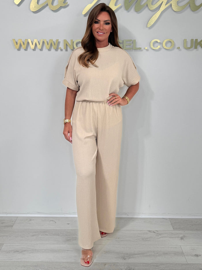 Short Sleeve Gold Button Crinkle Top & Trouser Co-Ord (6 Colours)