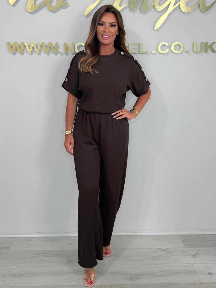 Short Sleeve Gold Button Crinkle Top & Trouser Co-Ord (6 Colours)