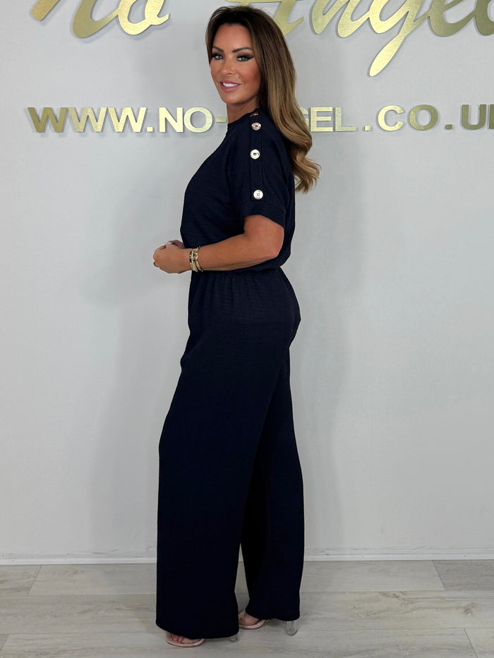 Short Sleeve Gold Button Crinkle Top & Trouser Co-Ord (6 Colours)