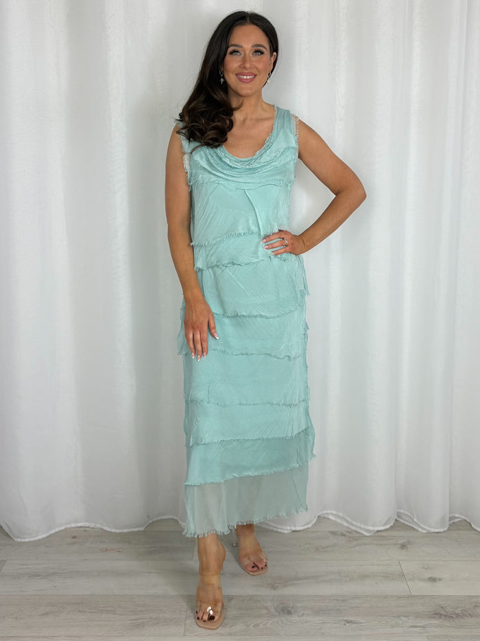 Silk Tiered Cowl Neck Midi Dress (3 Colours)
