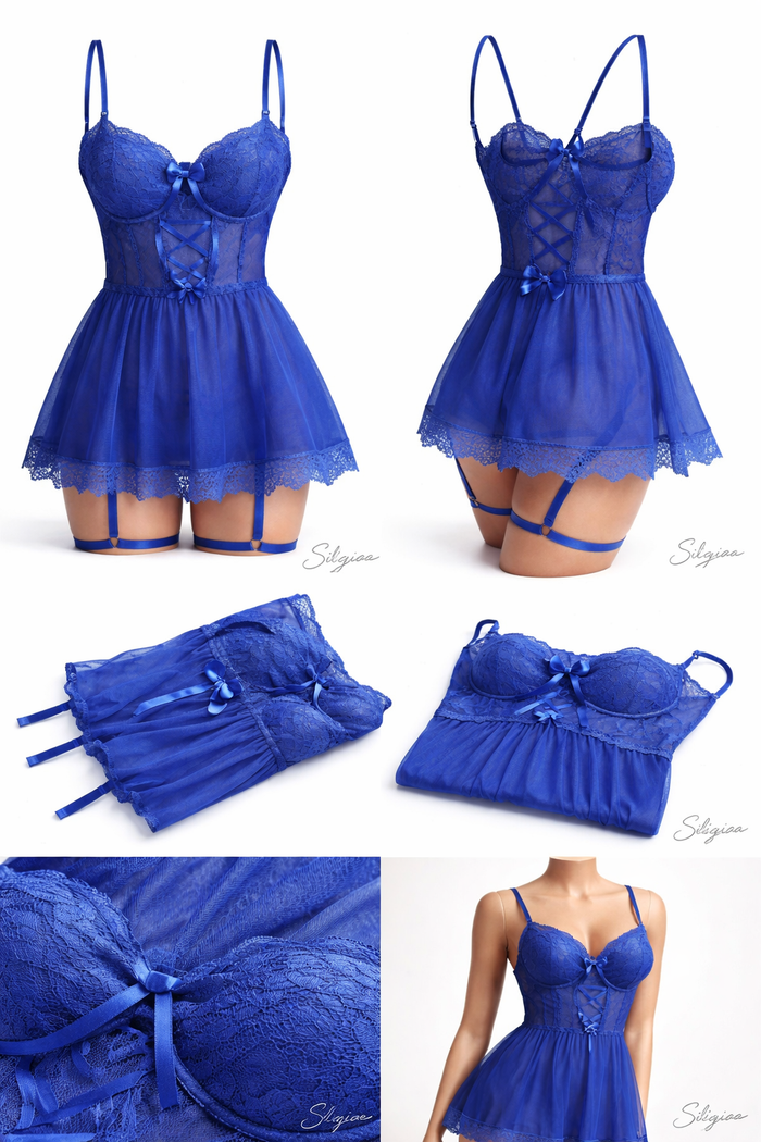 Silqiaa Blue Lace & Mesh Babydoll Lingerie Set