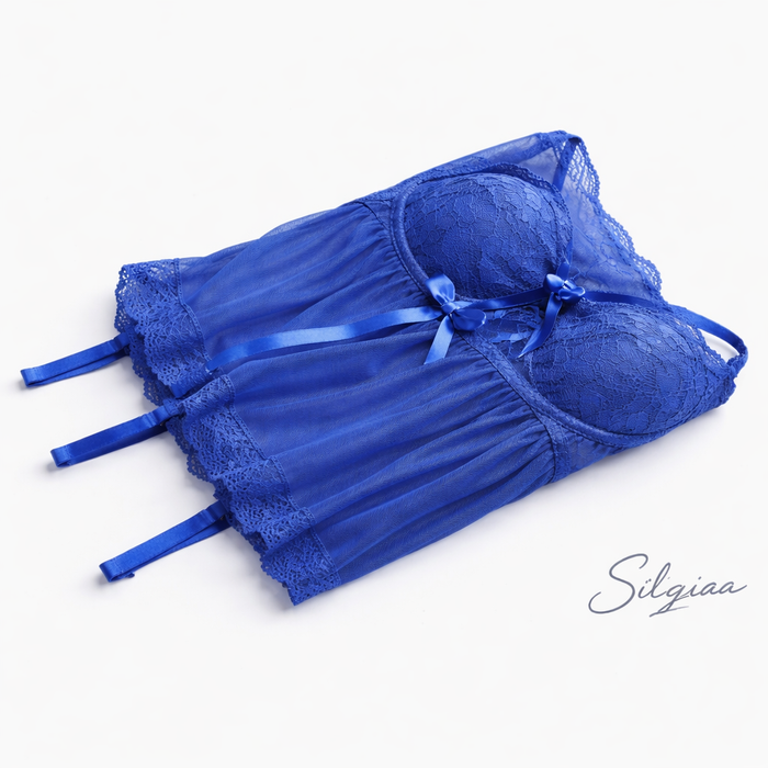 Silqiaa Blue Lace & Mesh Babydoll Lingerie Set