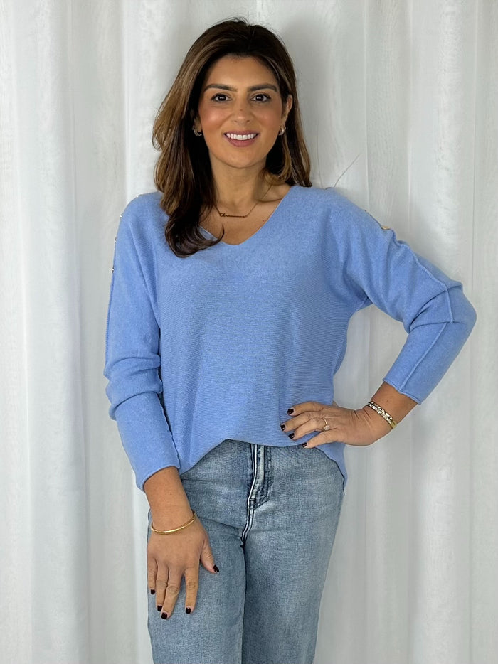 Soft Knit V-Neck Gold Button Sleeve Jumper (3 Colours)