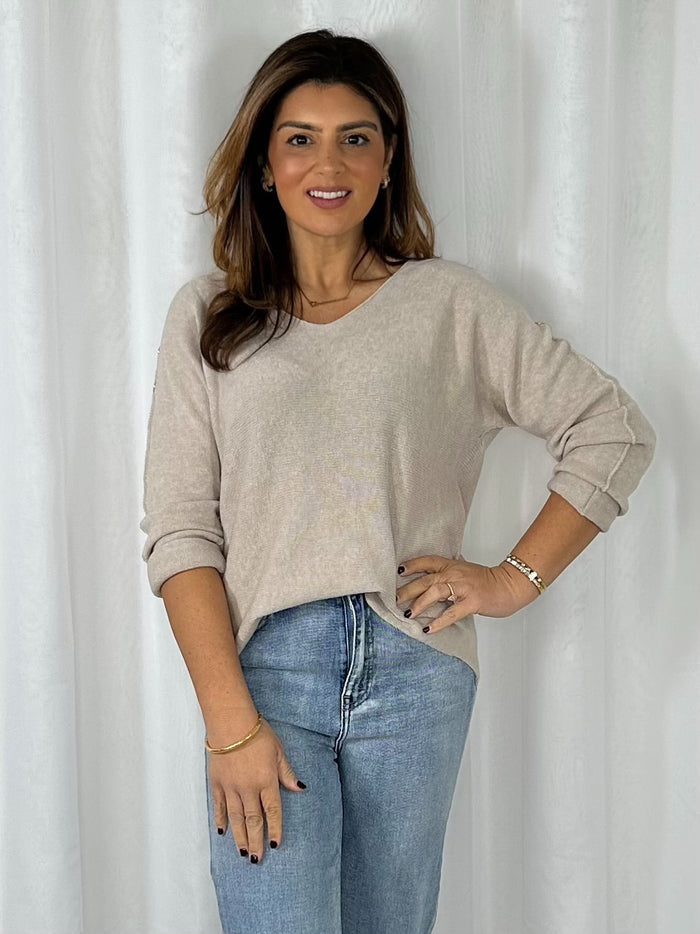 Soft Knit V-Neck Gold Button Sleeve Jumper (3 Colours)