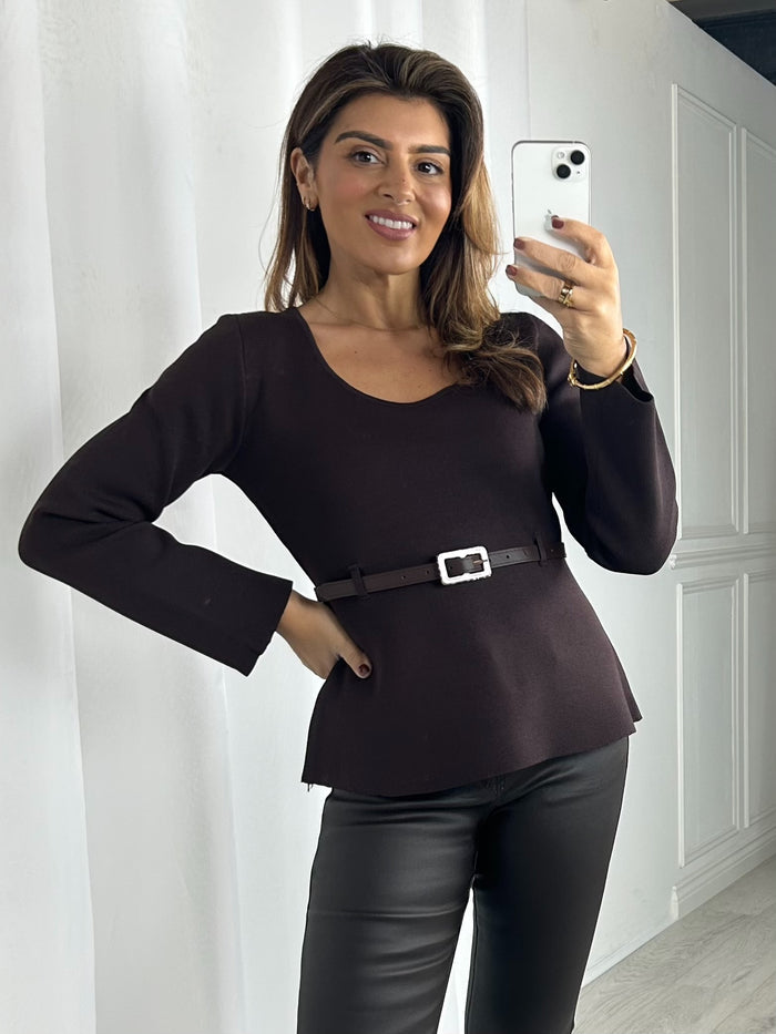Square Neck Belted Flat Knit Top (3 Colours)