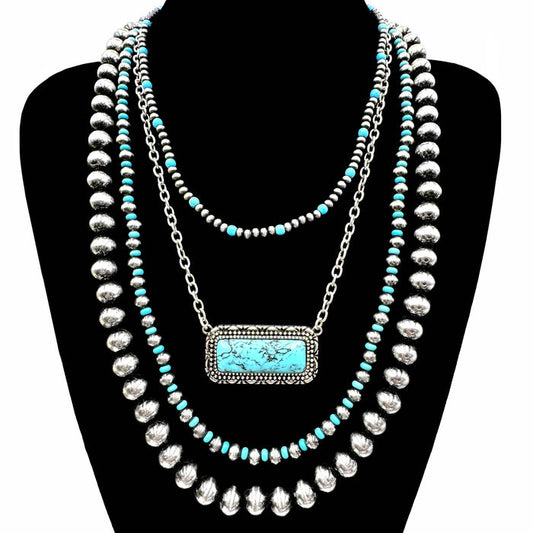 Turquoise Bar Pendant Western Layered Beads Necklace