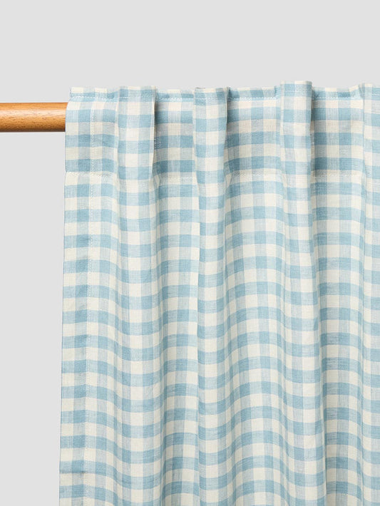 Warm Blue Gingham Linen Blend Curtains (Pair)