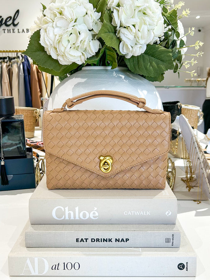 Woven Square Interlock Gold Buckle Bag