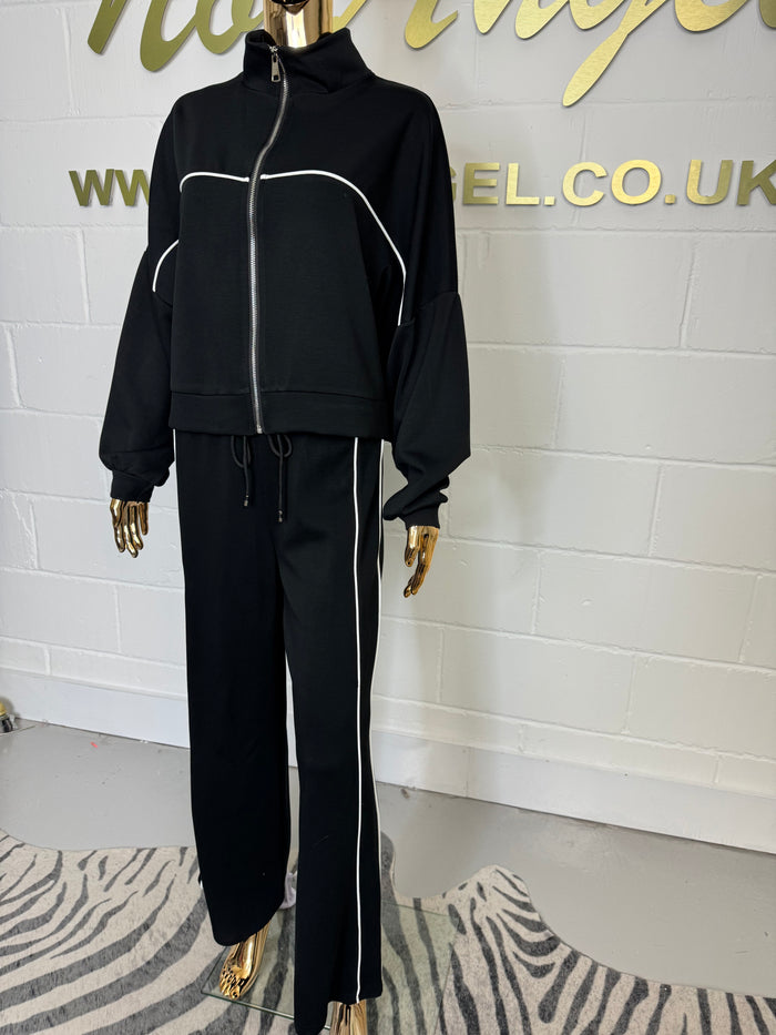Zip Up Contrast Exposed Seam Wide Leg Trouser Co-ord (2 Colours)